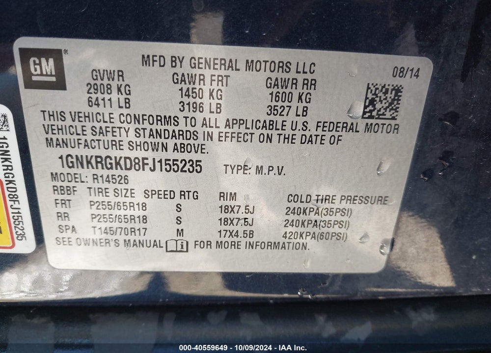 2015 CHEVROLET TRAVERSE 1LT VIN: 1GNKRGKD8FJ155235