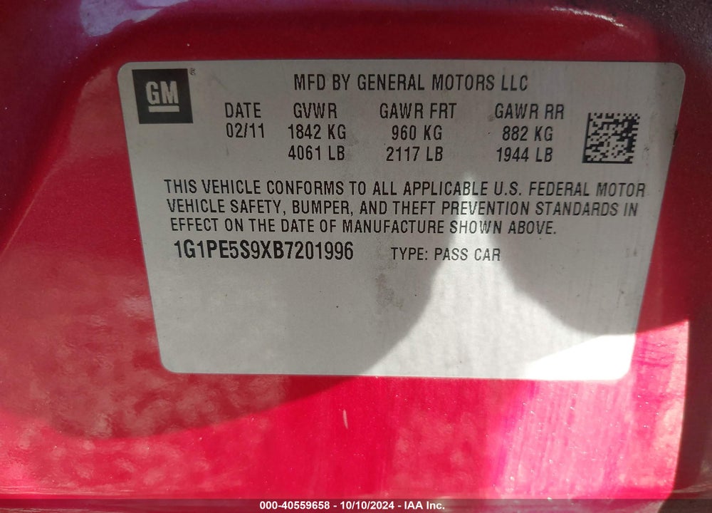 2011 CHEVROLET CRUZE LT VIN: 1G1PE5S9XB7201996