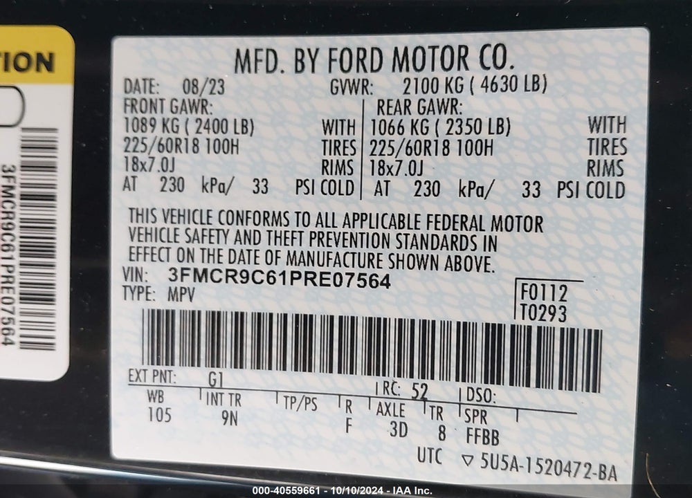2023 FORD BRONCO SPORT VIN: 3FMCR9C61PRE07564