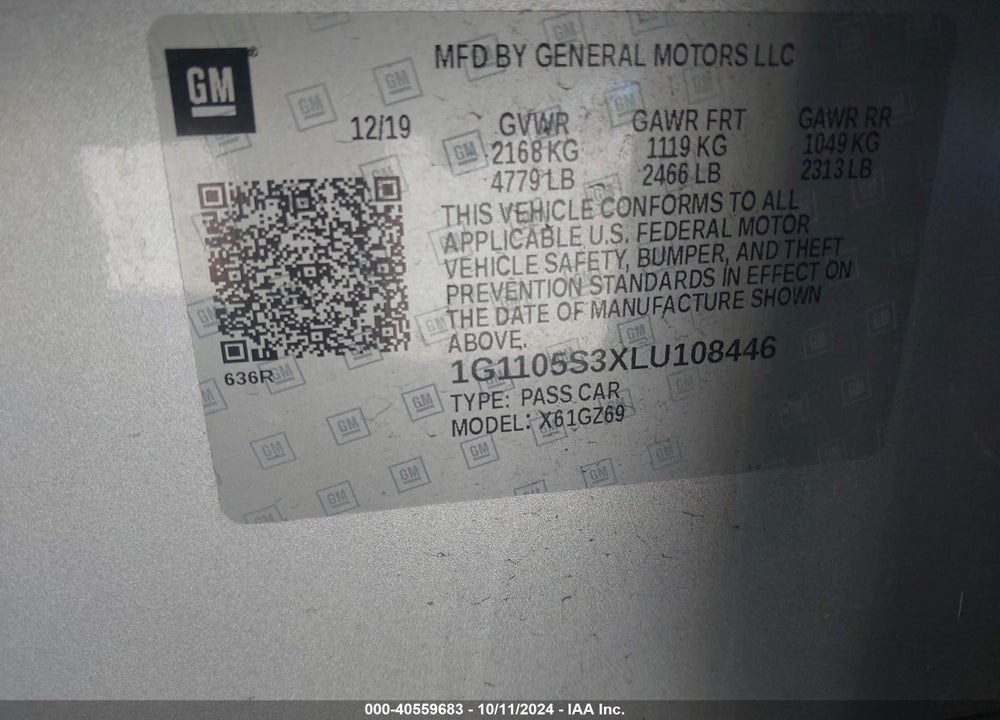 2020 CHEVROLET IMPALA FWD PREMIER VIN: 1G1105S3XLU108446