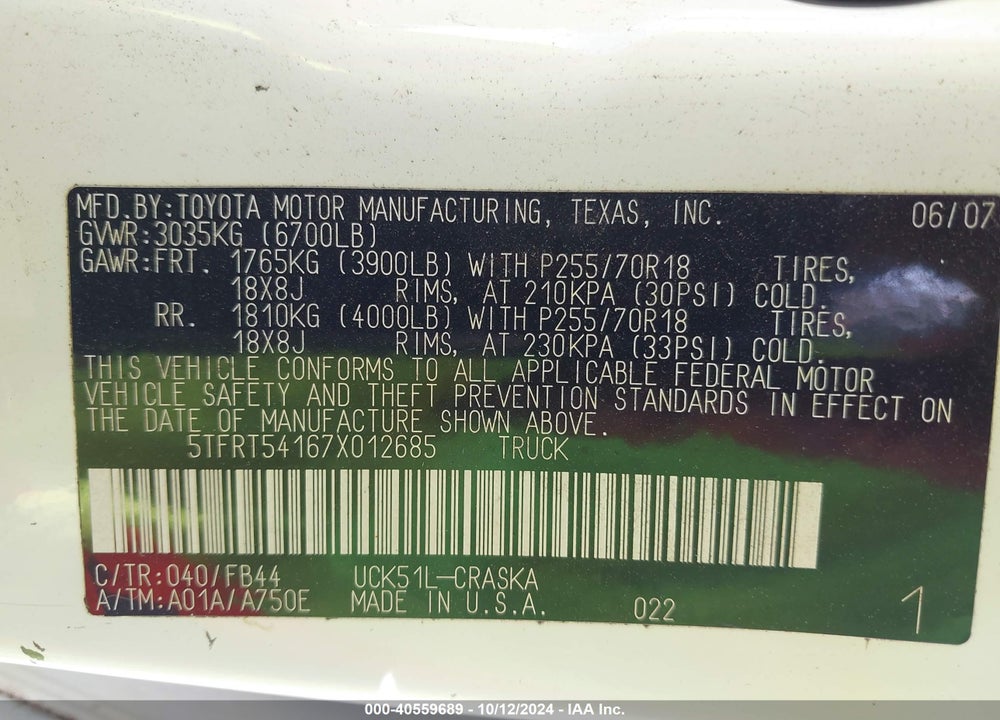 2007 TOYOTA TUNDRA SR5 4.7L V8 VIN: 5TFRT54167X012685