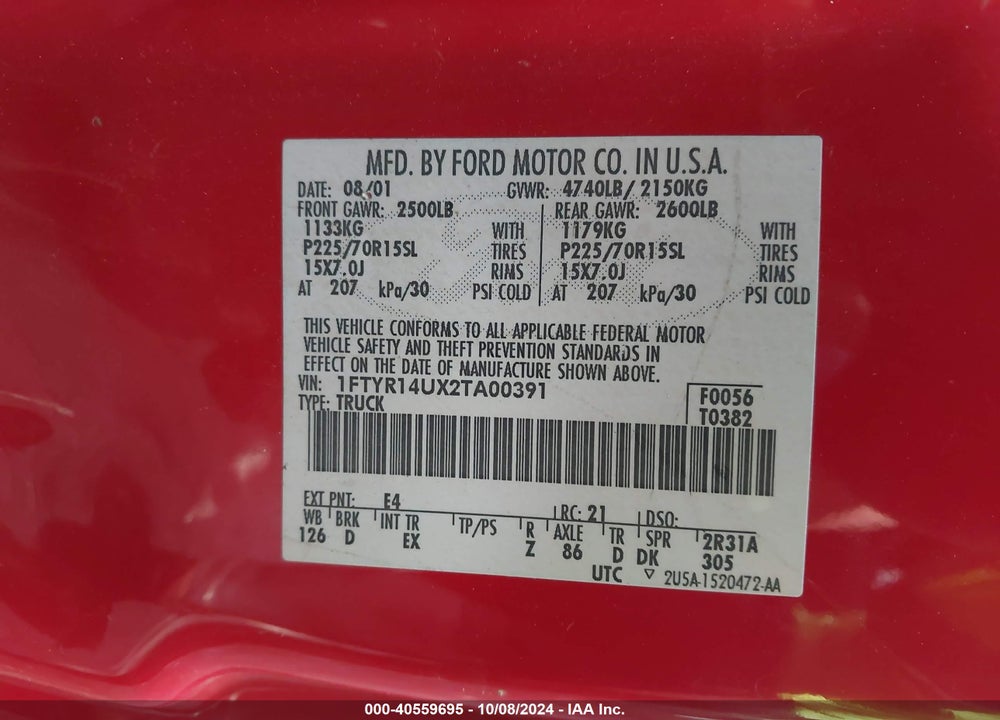2002 FORD RANGER EDGE/TREMOR/XL/XLT VIN: 1FTYR14UX2TA00391