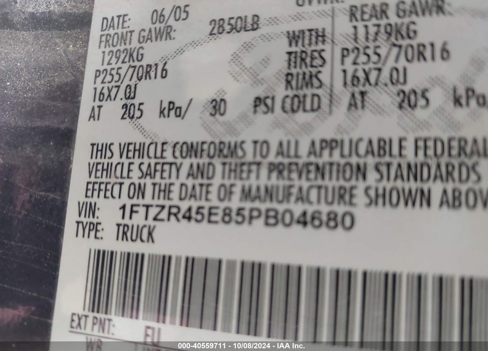 2005 FORD RANGER EDGE/FX4 LEVEL II/FX4 OFF-ROAD/XLT VIN: 1FTZR45E85PB04680