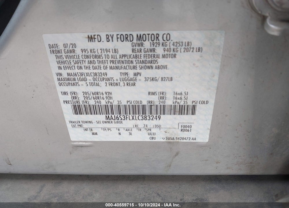 2020 FORD ECOSPORT S VIN: MAJ6S3FLXLC383249