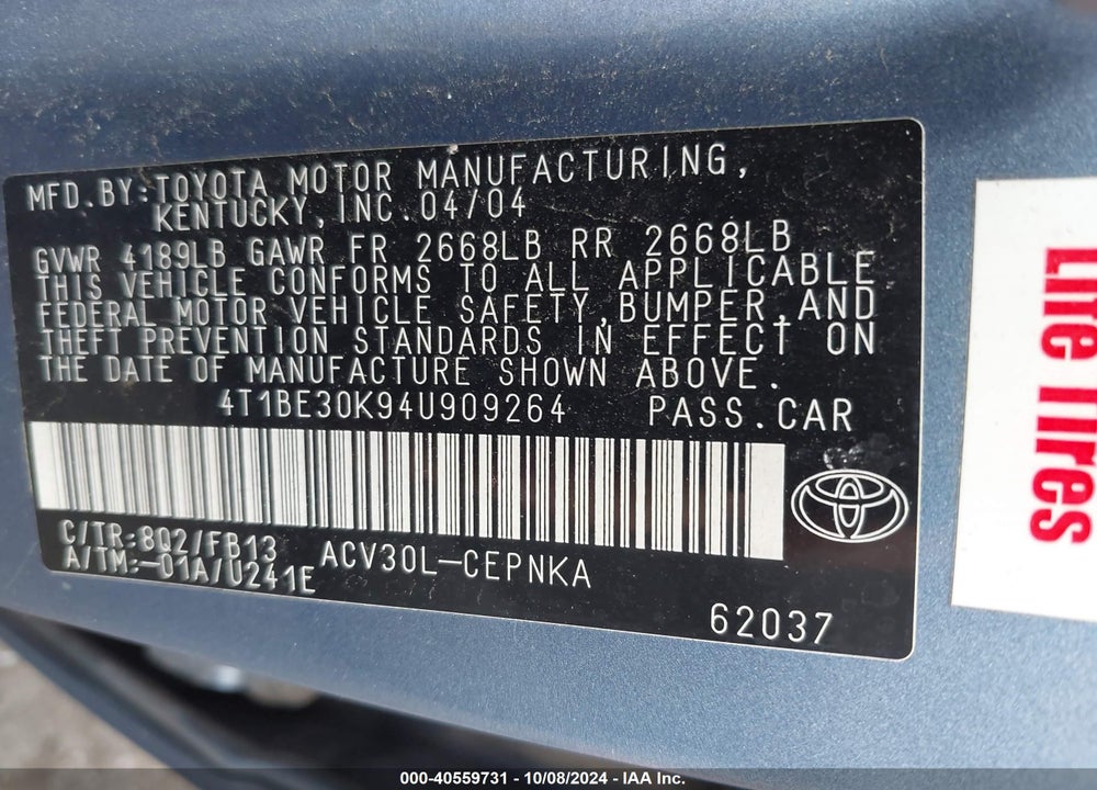2004 TOYOTA CAMRY LE VIN: 4T1BE30K94U909264