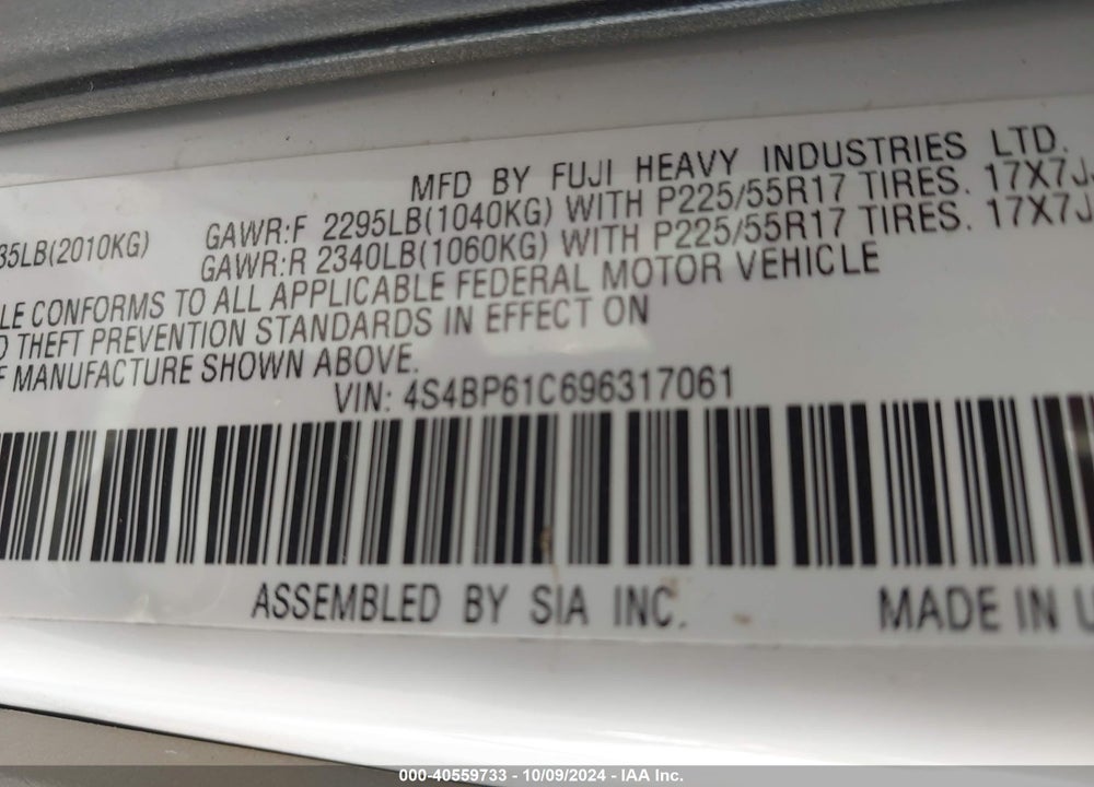 2009 SUBARU OUTBACK 2.5I VIN: 4S4BP61C696317061