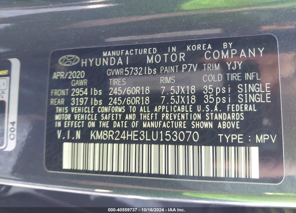 2020 HYUNDAI PALISADE SEL VIN: KM8R24HE3LU153070