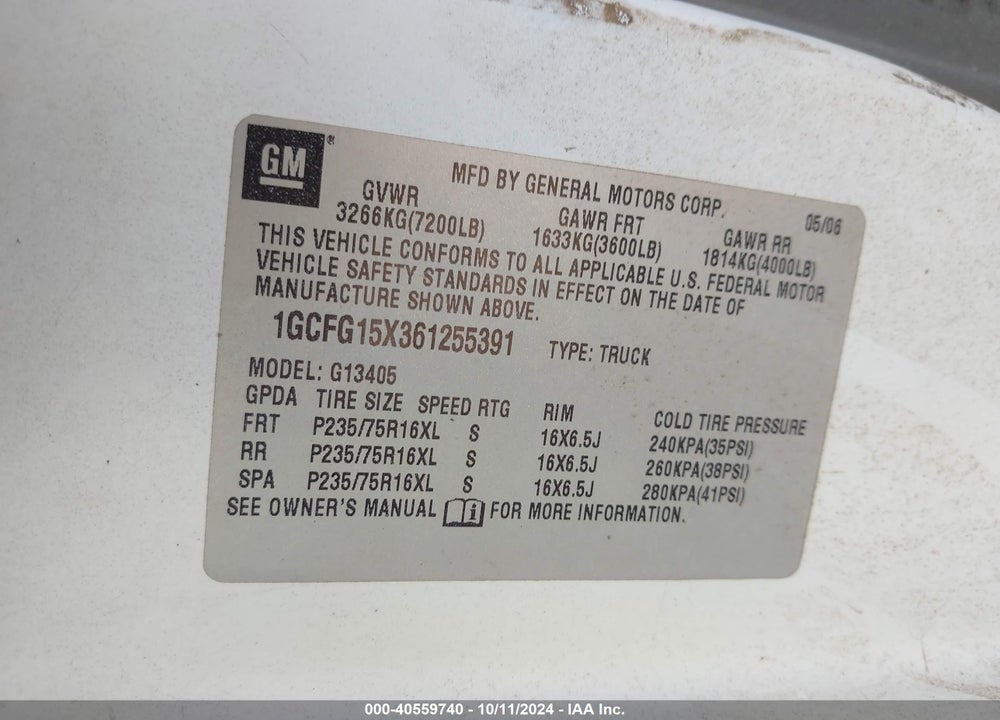 2006 CHEVROLET EXPRESS WORK VAN VIN: 1GCFG15X361255391