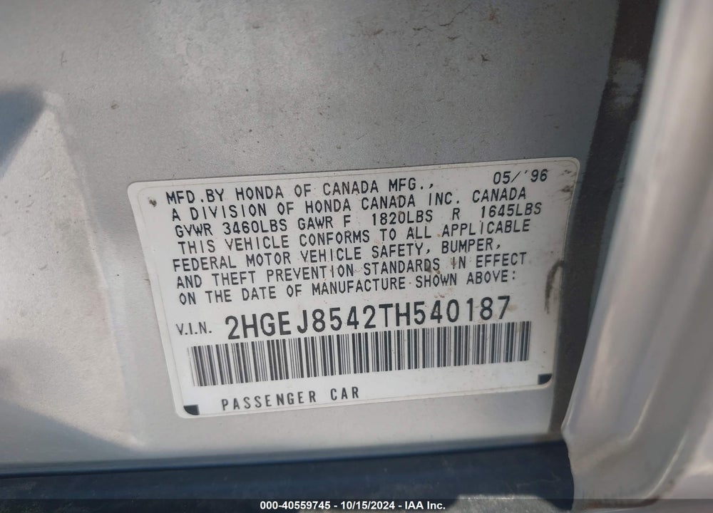 1996 HONDA CIVIC EX VIN: 2HGEJ8542TH540187