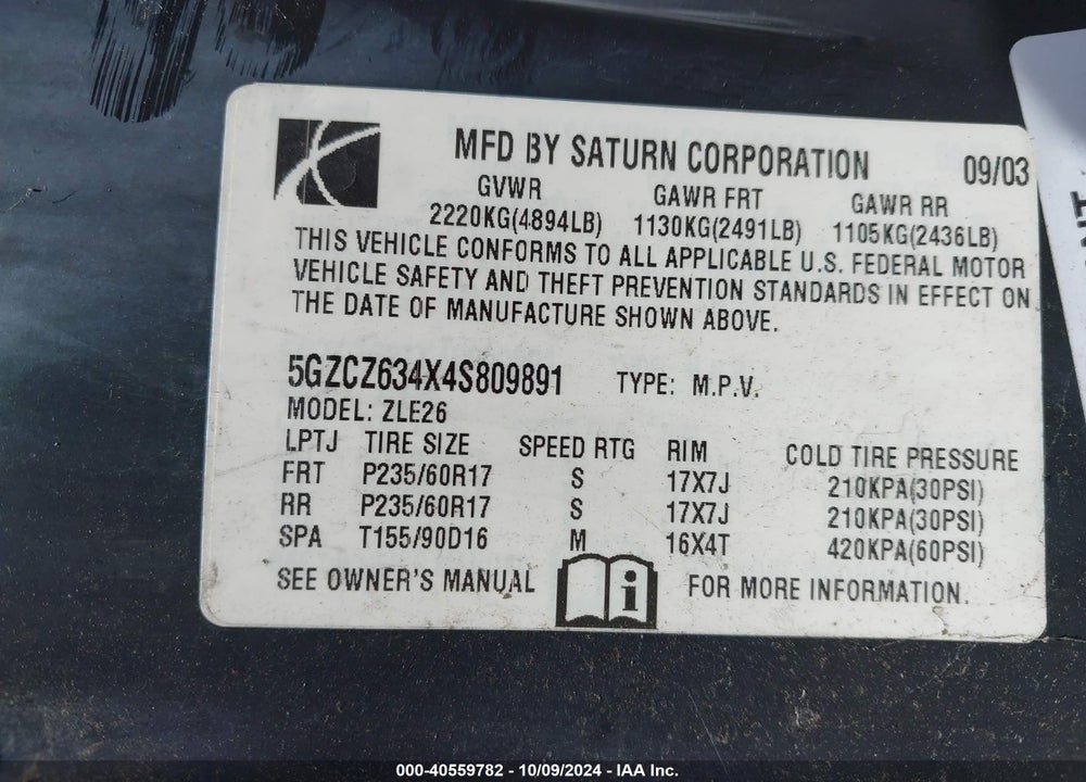 2004 SATURN VUE V6 VIN: 5GZCZ634X4S809891