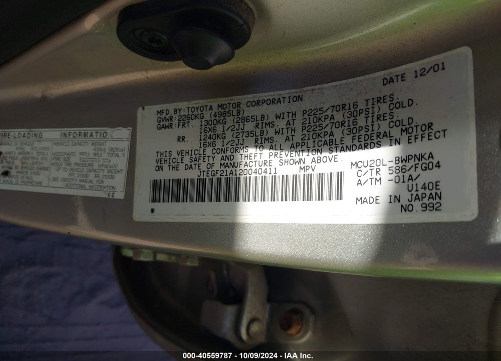 2002 TOYOTA HIGHLANDER V6 VIN: JTEGF21A120040411