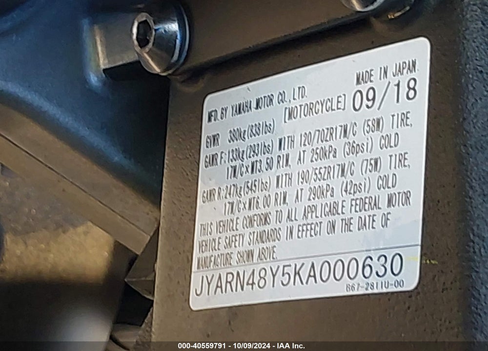 2019 YAMAHA MTN1000 C VIN: JYARN48Y5KA000630