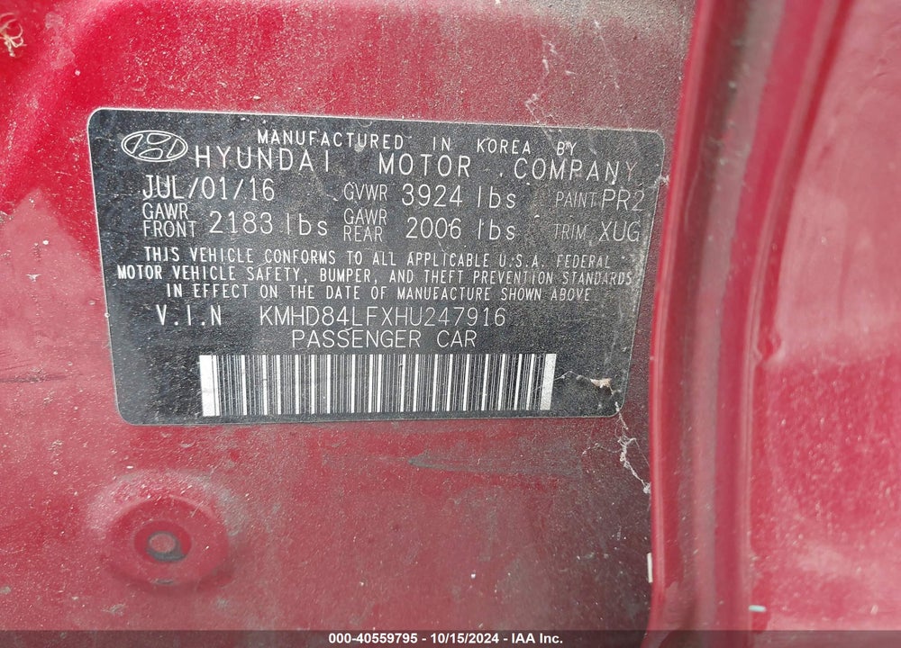 2017 HYUNDAI ELANTRA SE VIN: KMHD84LFXHU247916
