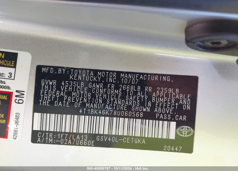 2008 TOYOTA CAMRY XLE V6 VIN: 4T1BK46K78U060568