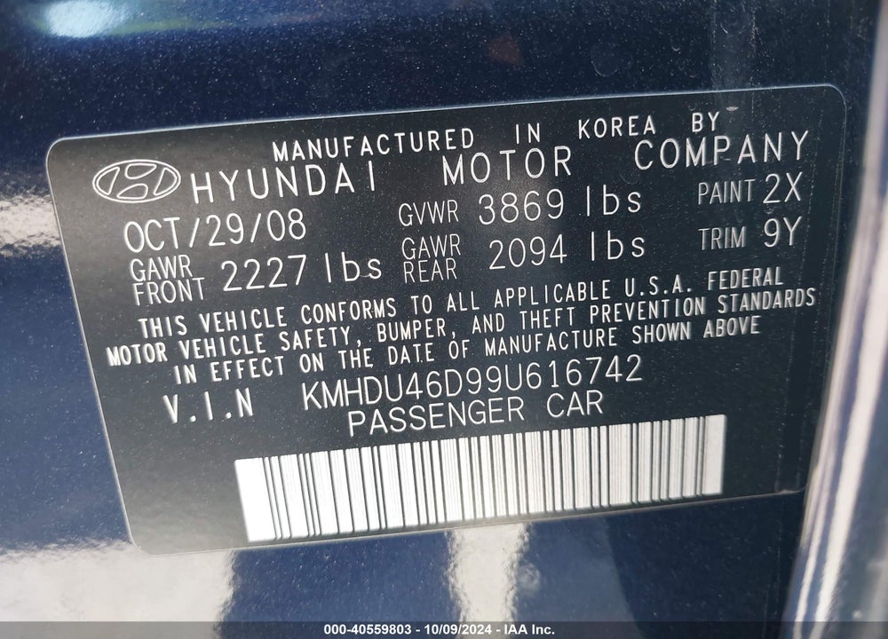 2009 HYUNDAI ELANTRA SE VIN: KMHDU46D99U616742