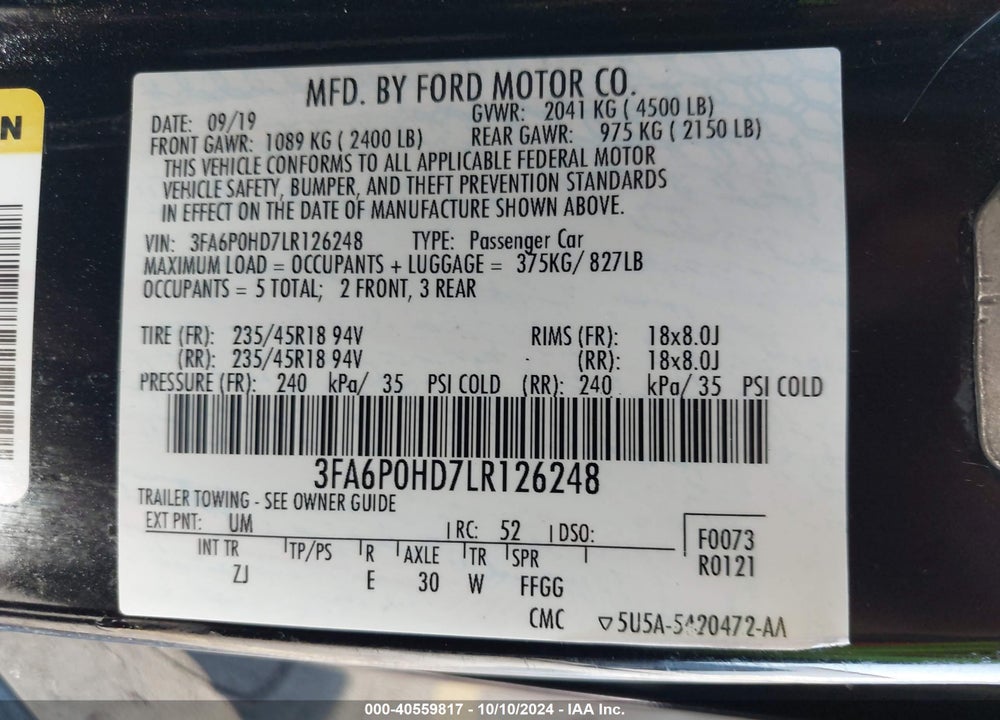 2020 FORD FUSION SE VIN: 3FA6P0HD7LR126248