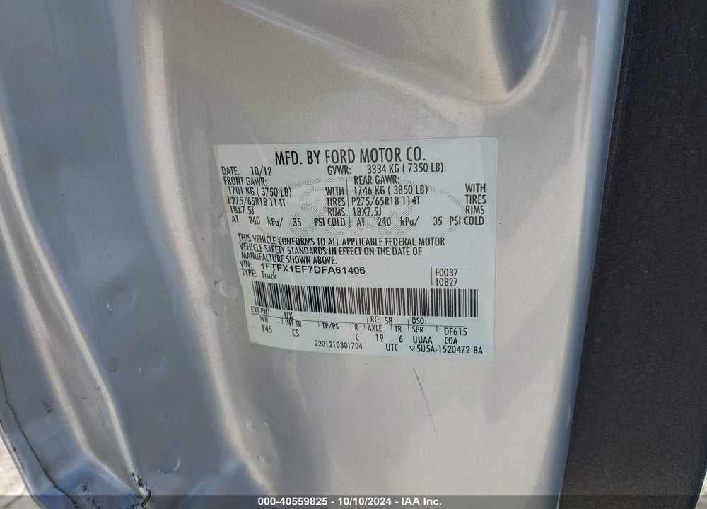2013 FORD F-150 STX VIN: 1FTFX1EF7DFA61406
