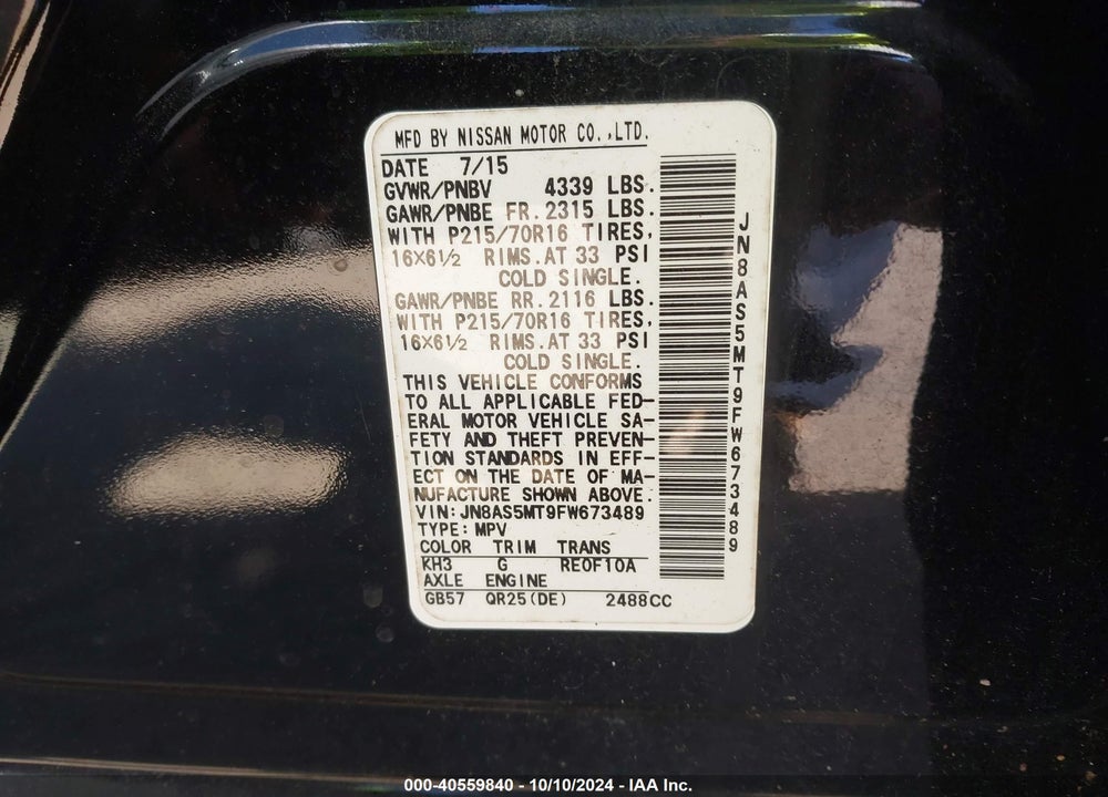 2015 NISSAN ROGUE SELECT S VIN: JN8AS5MT9FW673489