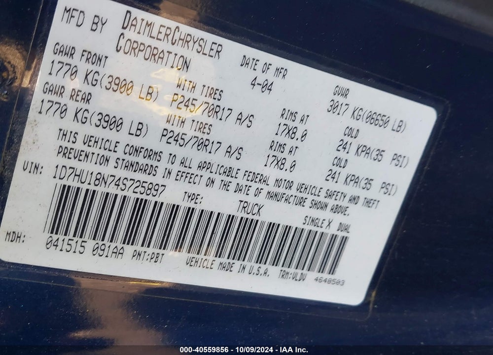 2004 DODGE RAM 1500 SLT/LARAMIE VIN: 1D7HU18N74S725897
