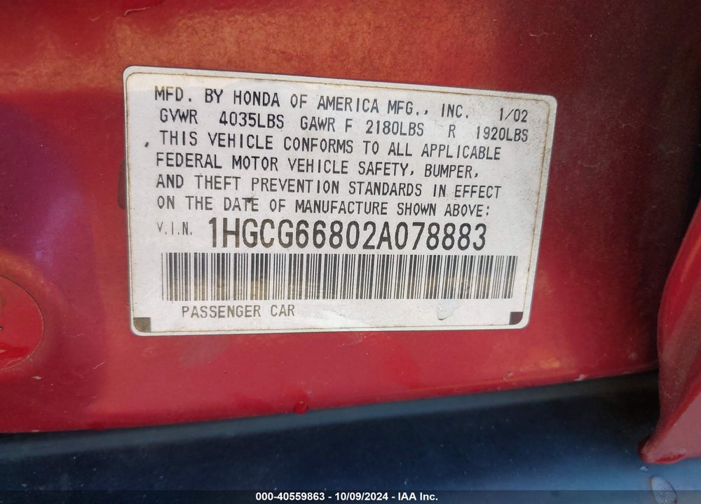 2002 HONDA ACCORD 2.3 EX/2.3 SE VIN: 1HGCG66802A078883