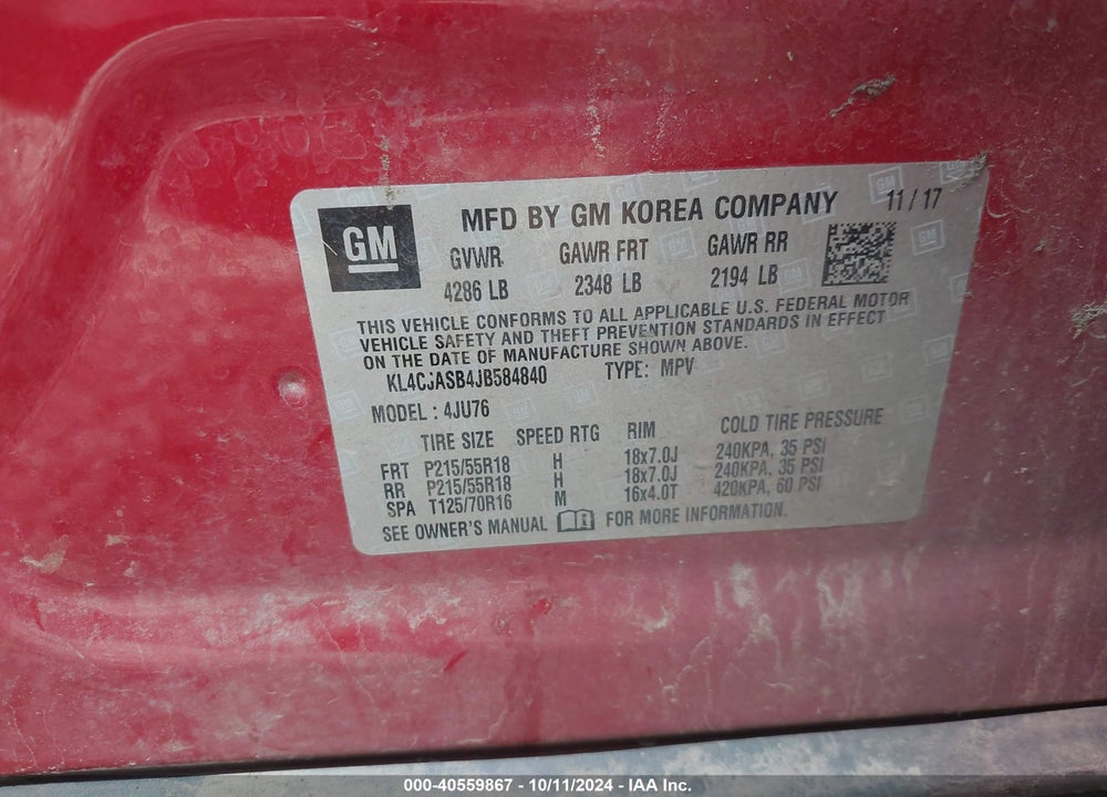 2018 BUICK ENCORE PREFERRED VIN: KL4CJASB4JB584840