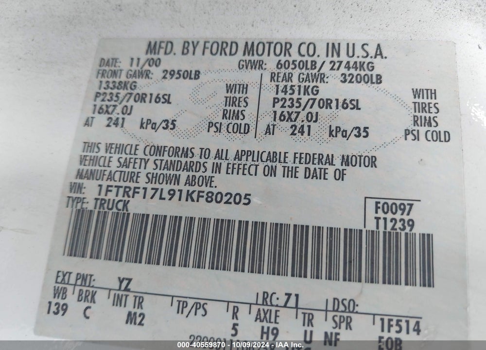 2001 FORD F-150 XL/XLT VIN: 1FTRF17L91KF80205