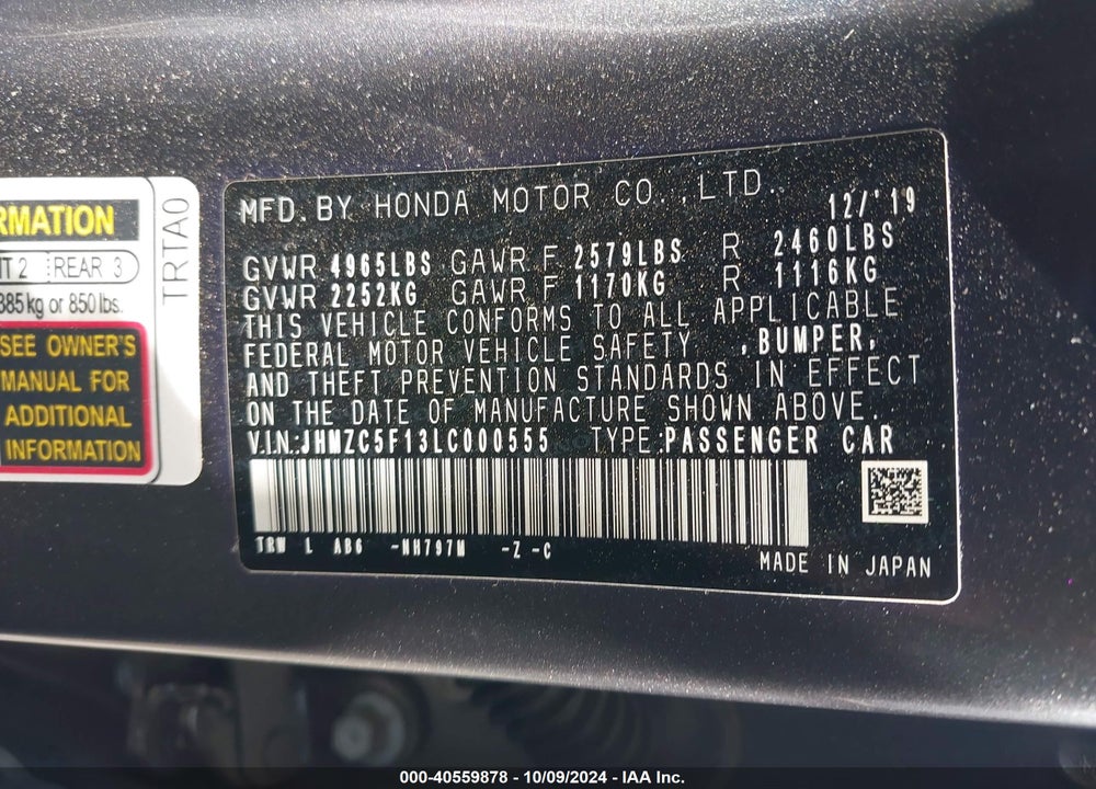 2020 HONDA CLARITY PLUG-IN HYBRID VIN: JHMZC5F13LC000555