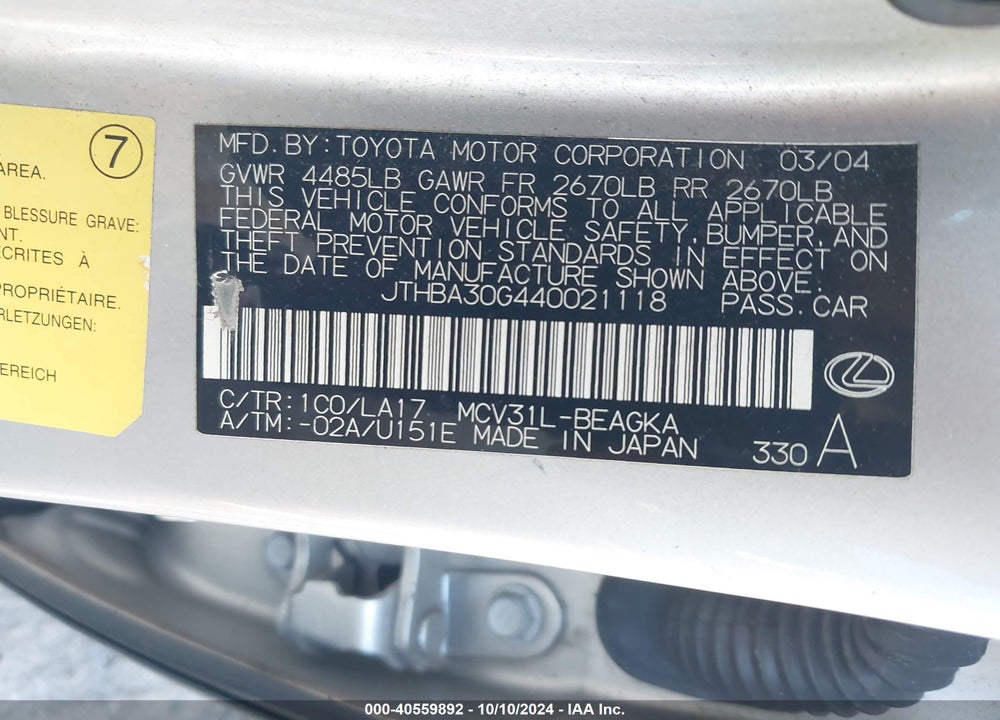 2004 LEXUS ES 330 VIN: JTHBA30G440021118