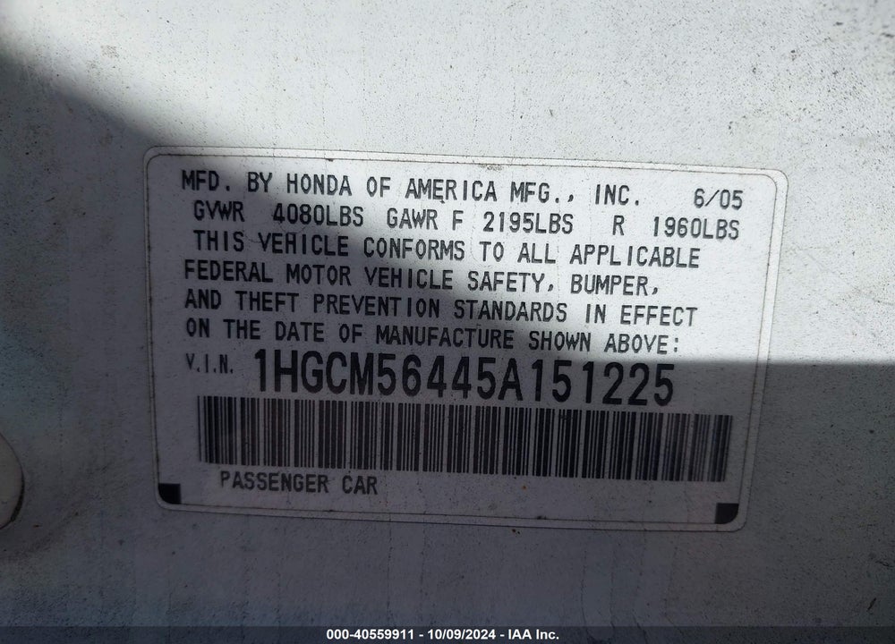 2005 HONDA ACCORD 2.4 LX VIN: 1HGCM56445A151225