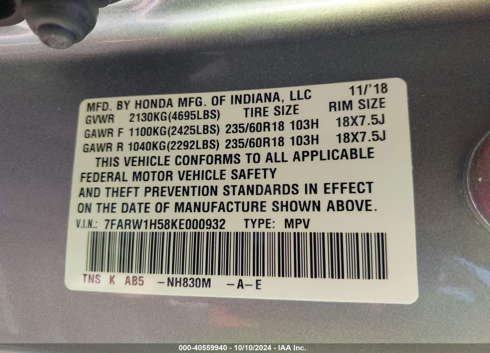 2019 HONDA CR-V EX VIN: 7FARW1H58KE000932