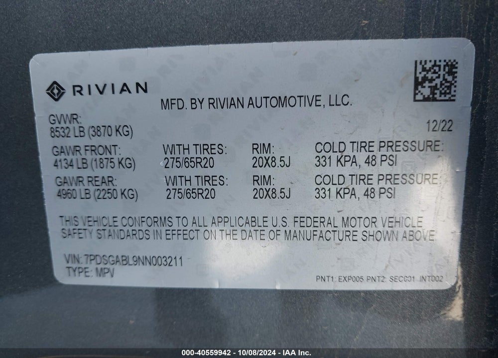 2022 RIVIAN R1S LAUNCH EDITION VIN: 7PDSGABL9NN003211