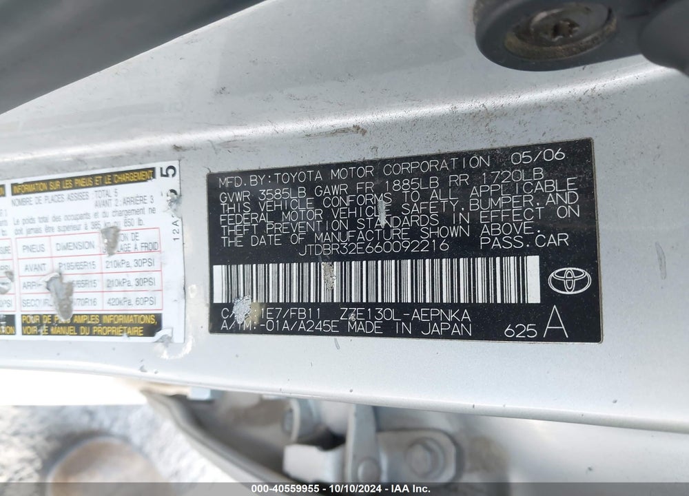 2006 TOYOTA COROLLA LE VIN: JTDBR32E660092216