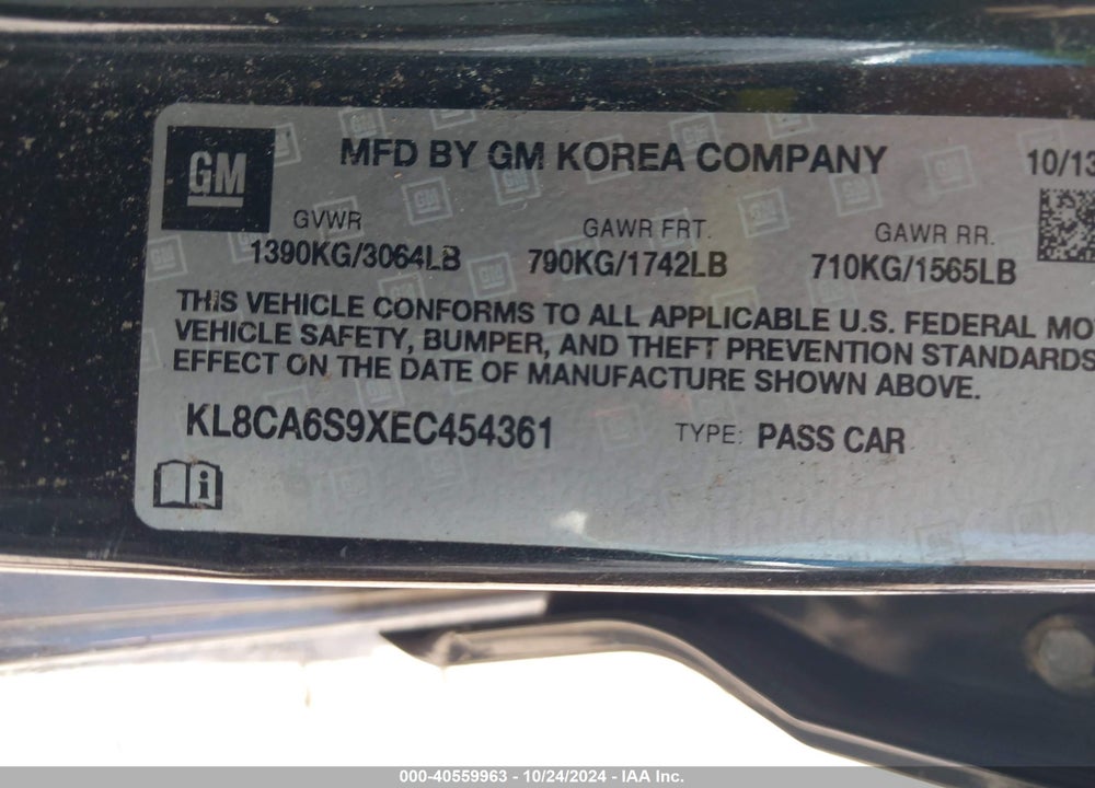 2014 CHEVROLET SPARK LS MANUAL VIN: KL8CA6S9XEC454361