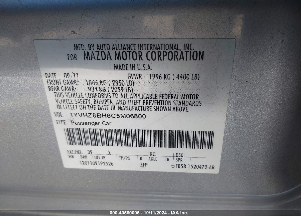 2012 MAZDA 6 I SPORT VIN: 1YVHZ8BH6C5M06800