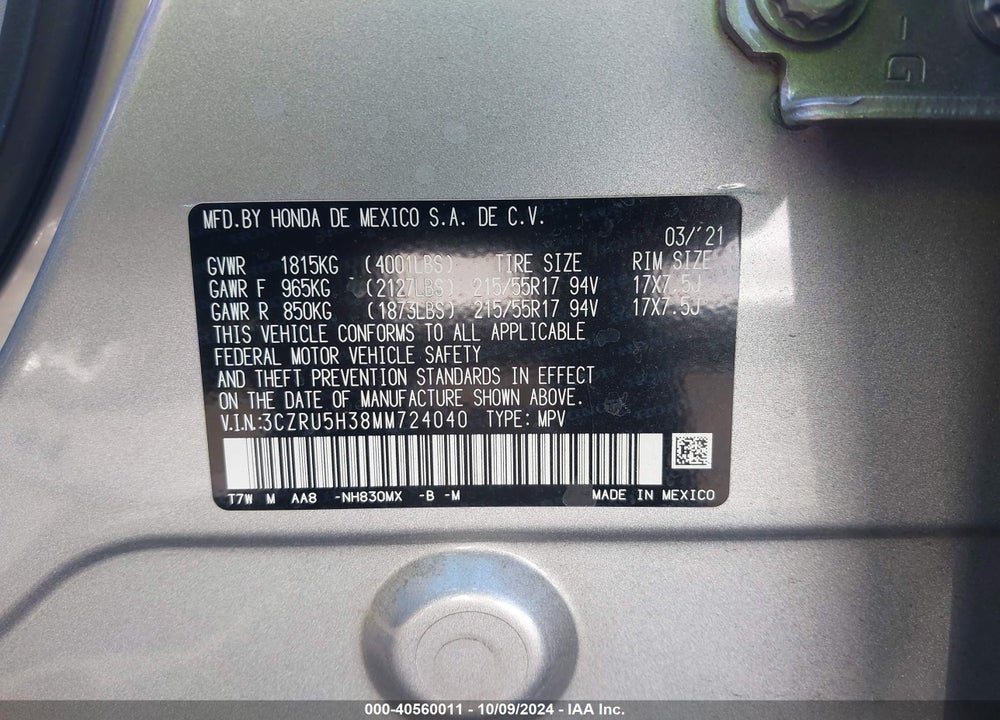 2021 HONDA HR-V 2WD LX VIN: 3CZRU5H38MM724040
