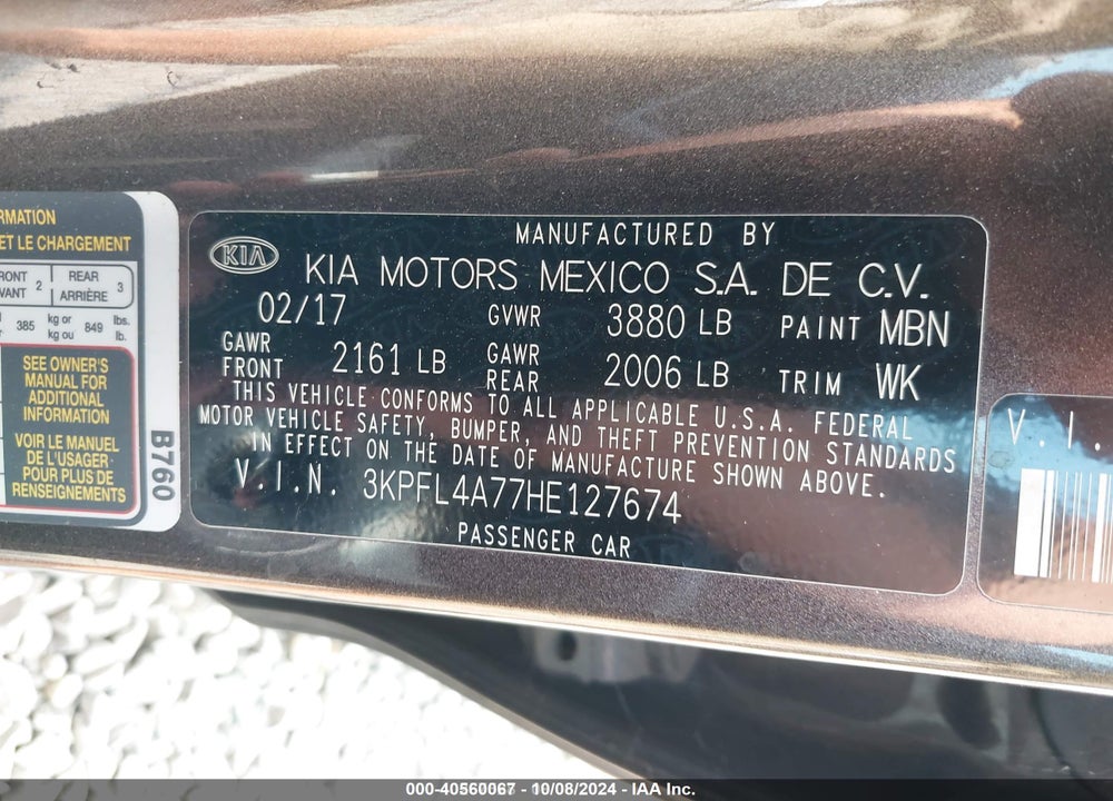 2017 KIA FORTE LX VIN: 3KPFL4A77HE127674