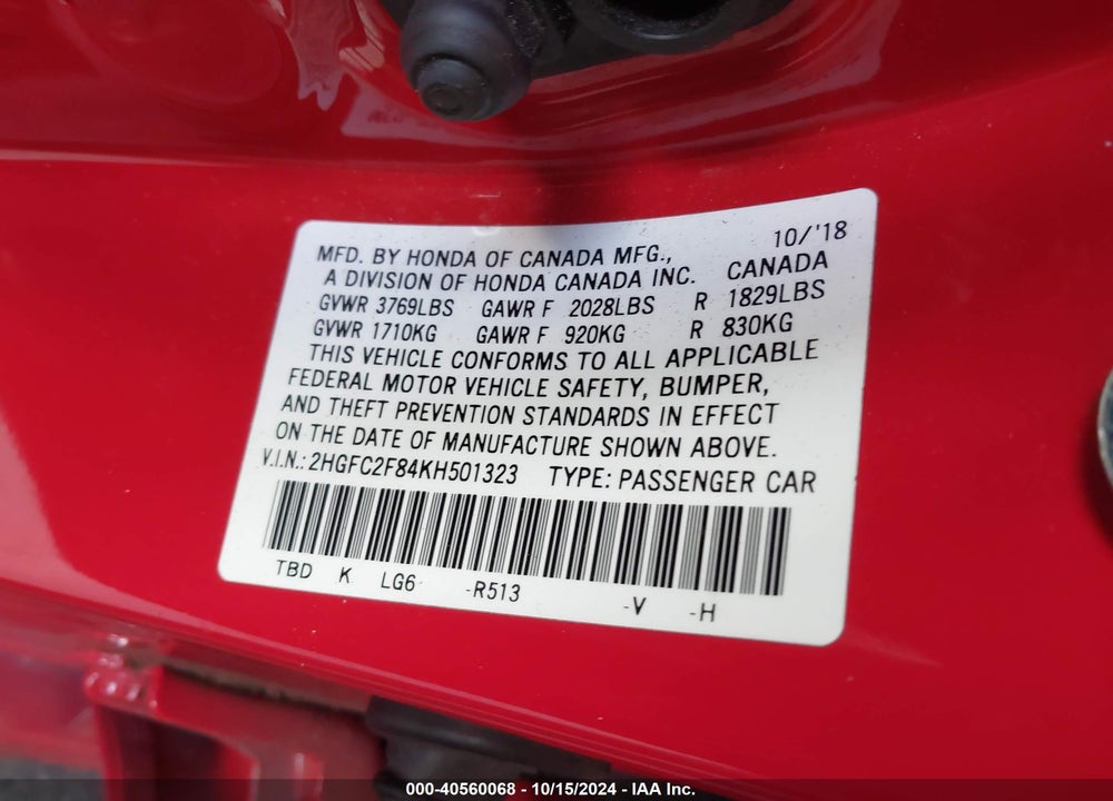 2019 HONDA CIVIC SPORT VIN: 2HGFC2F84KH501323