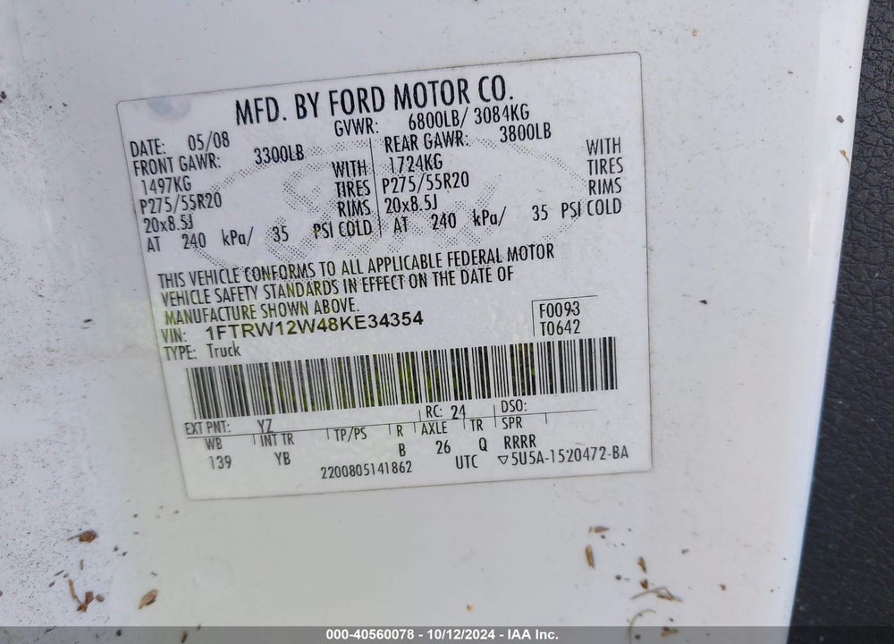 2008 FORD F-150 XLT VIN: 1FTRW12W48KE34354