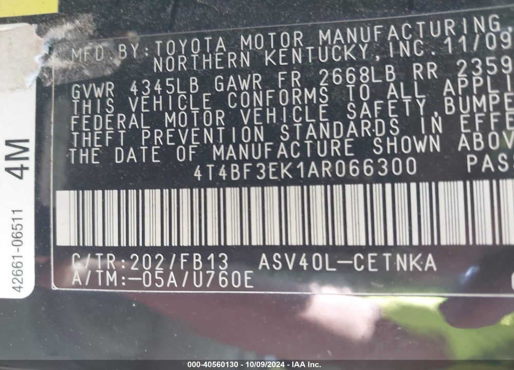 2010 TOYOTA CAMRY LE VIN: 4T4BF3EK1AR066300