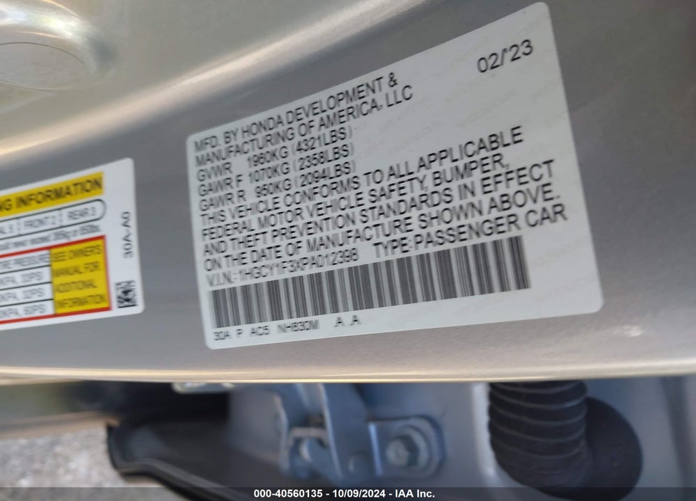2023 HONDA ACCORD EX VIN: 1HGCY1F3XPA012398