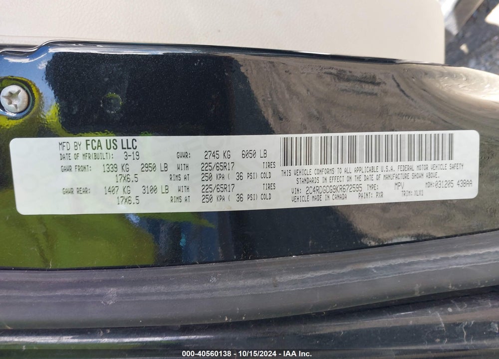 2019 DODGE GRAND CARAVAN SXT VIN: 2C4RDGCG9KR672595