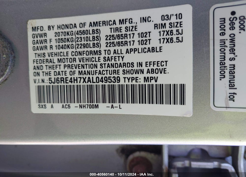 2010 HONDA CR-V VIN: 5J6RE4H7XAL049539