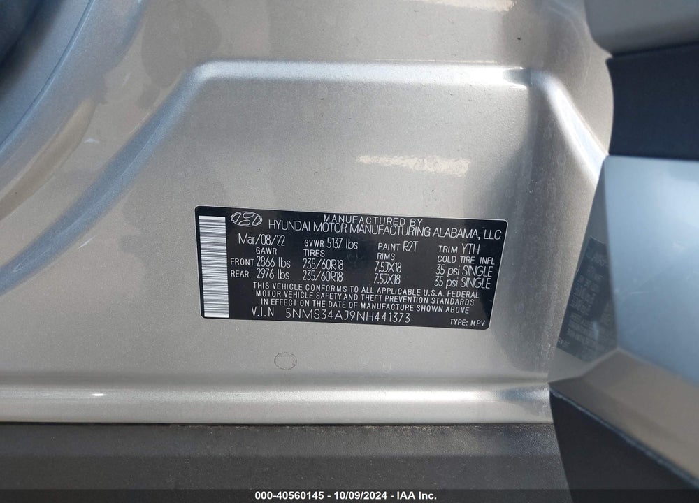2022 HYUNDAI SANTA FE SEL VIN: 5NMS34AJ9NH441373