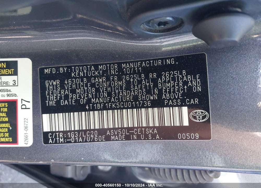 2012 TOYOTA CAMRY SE VIN: 4T1BF1FK5CU011736