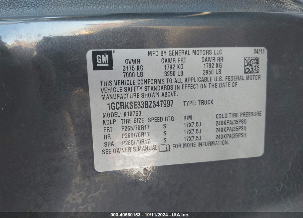 2011 CHEVROLET SILVERADO 1500 LT VIN: 1GCRKSE33BZ347997