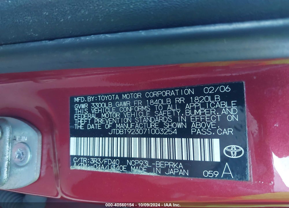 2007 TOYOTA YARIS VIN: JTDBT923071003254