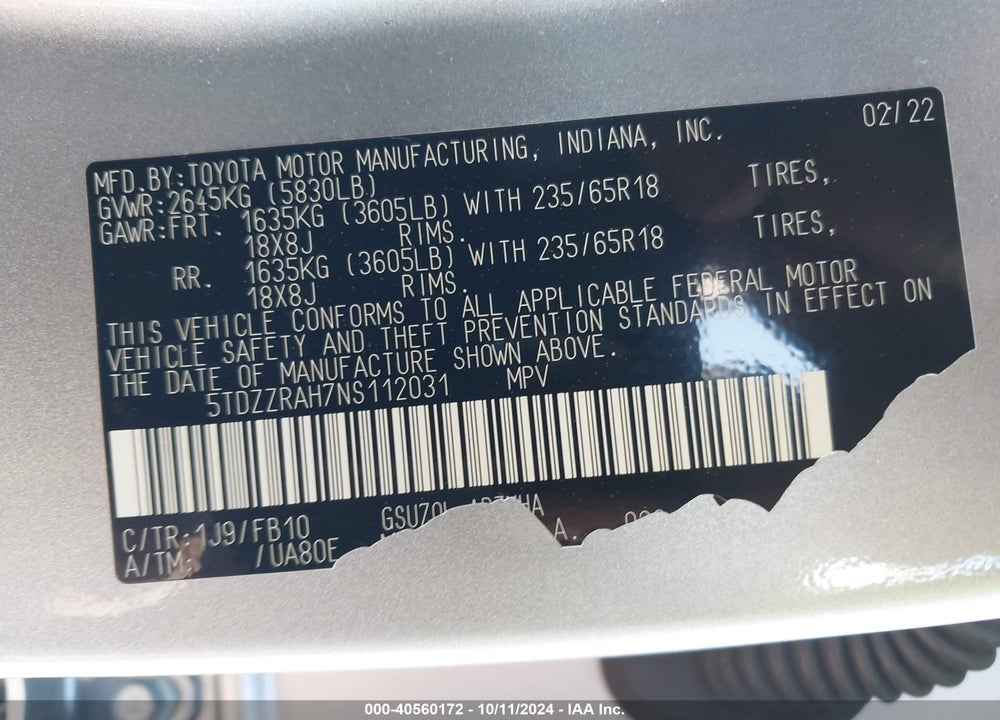 2022 TOYOTA HIGHLANDER LE VIN: 5TDZZRAH7NS112031