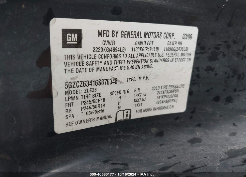 2006 SATURN VUE V6 VIN: 5GZCZ63416S876348