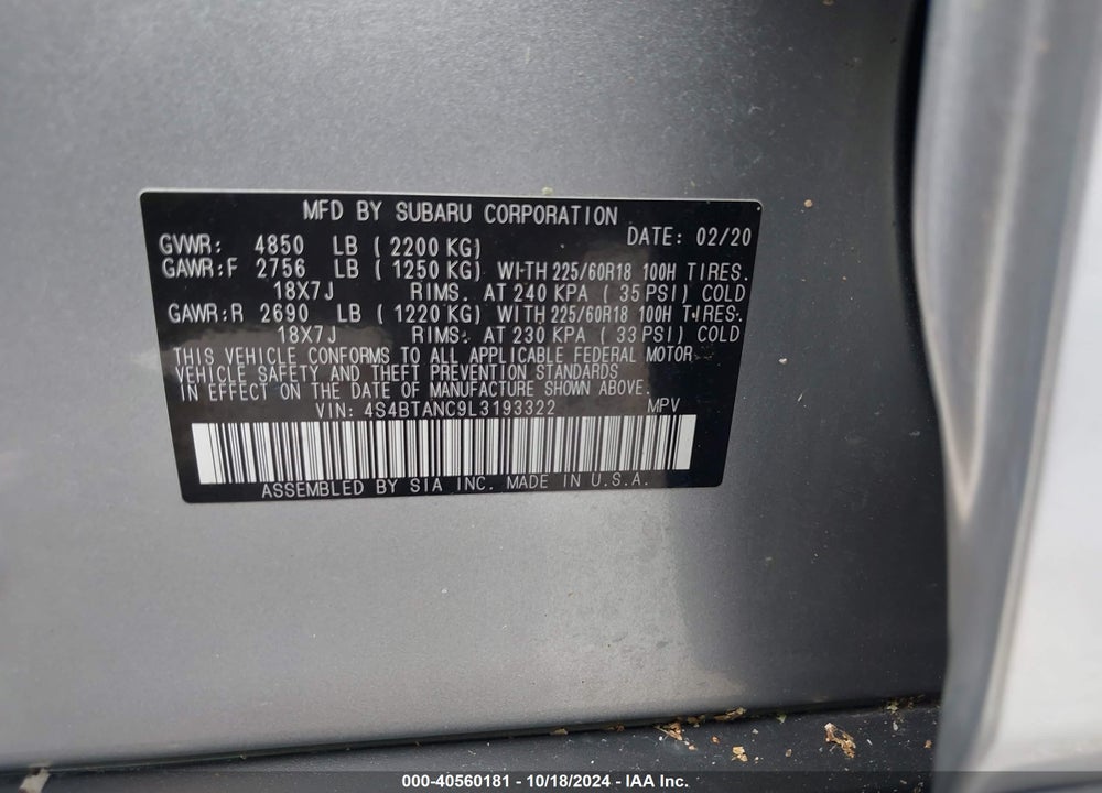 2020 SUBARU OUTBACK LIMITED VIN: 4S4BTANC9L3193322