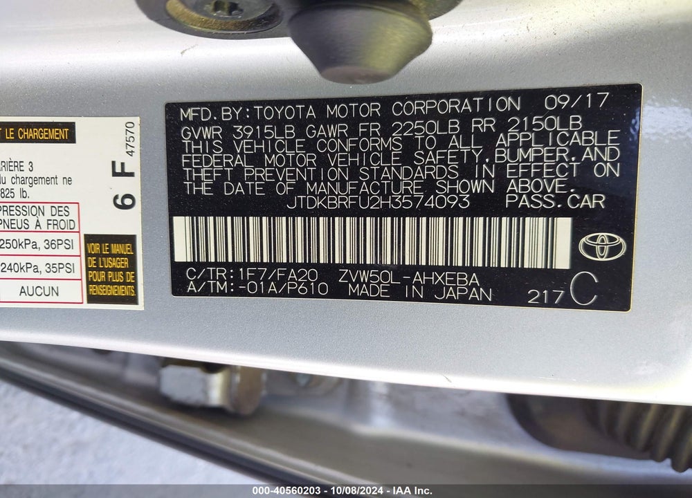 2017 TOYOTA PRIUS ONE VIN: JTDKBRFU2H3574093